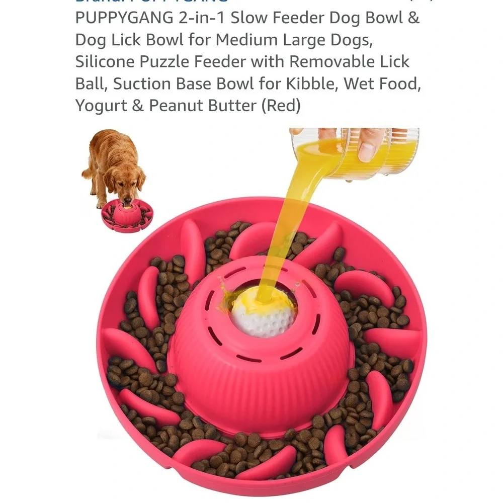 PUPPYGANG 2-in-1 Slow Feeder Dog Bowl Silicone Puzzle Lick Ball Red